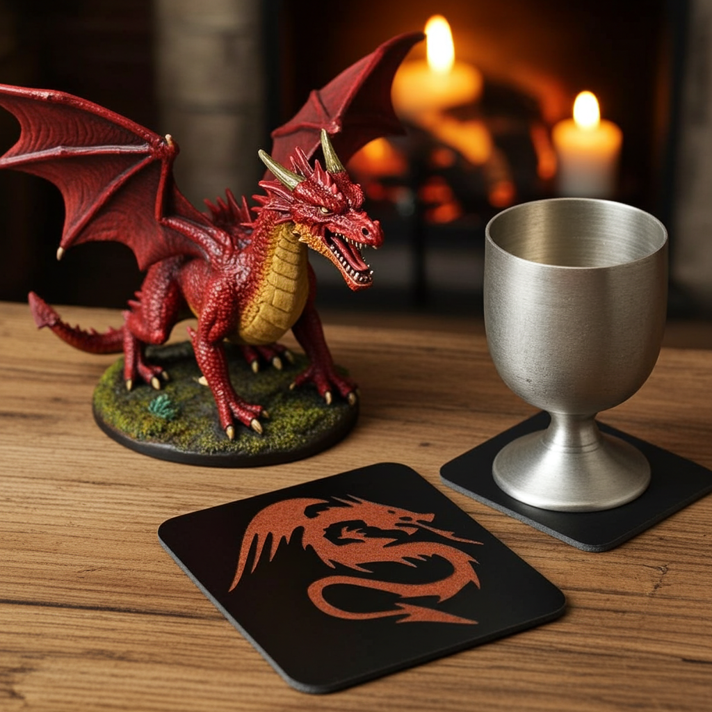 Set of 6 Dragon Wooden Coasters. Highly Decorative and Detailed Engravings, with bumper feet.