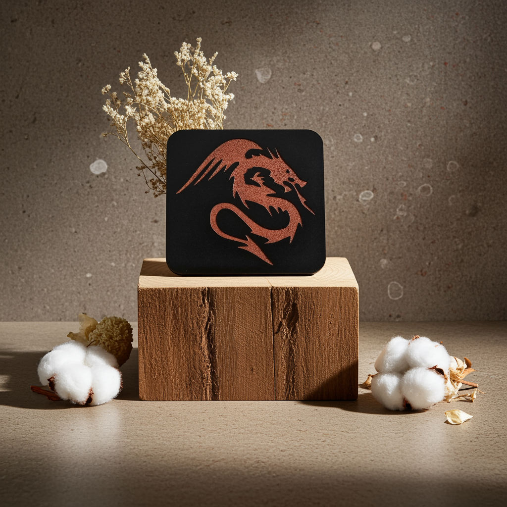 Set of 6 Dragon Wooden Coasters. Highly Decorative and Detailed Engravings