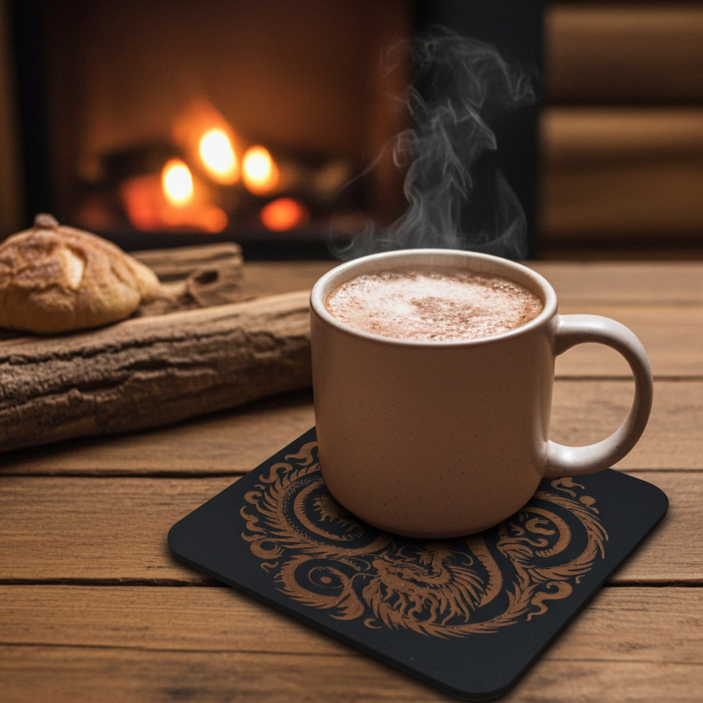 Set of 6 Dragon Wooden Coasters. Highly Decorative and Detailed Engravings, with bumper feet.