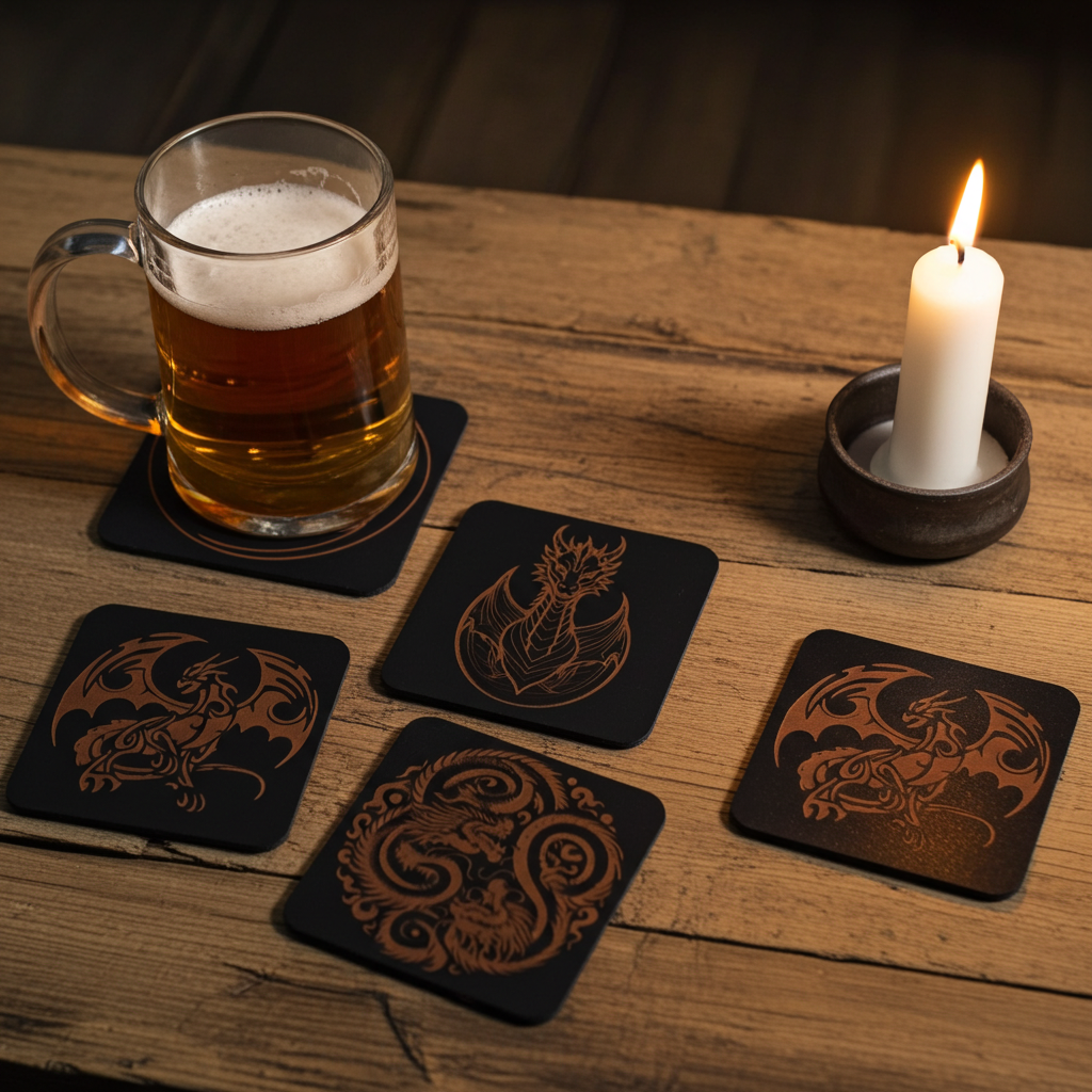 Set of 6 Dragon Wooden Coasters. Highly Decorative and Detailed Engravings, with bumper feet.