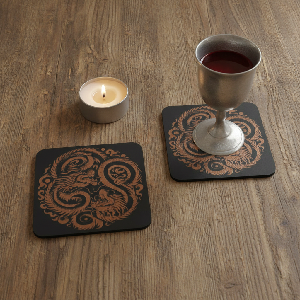 Set of 6 Dragon Wooden Coasters. Highly Decorative and Detailed Engravings, with bumper feet.