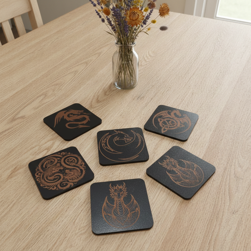 Set of 6 Dragon Wooden Coasters. Highly Decorative and Detailed Engravings, with bumper feet.