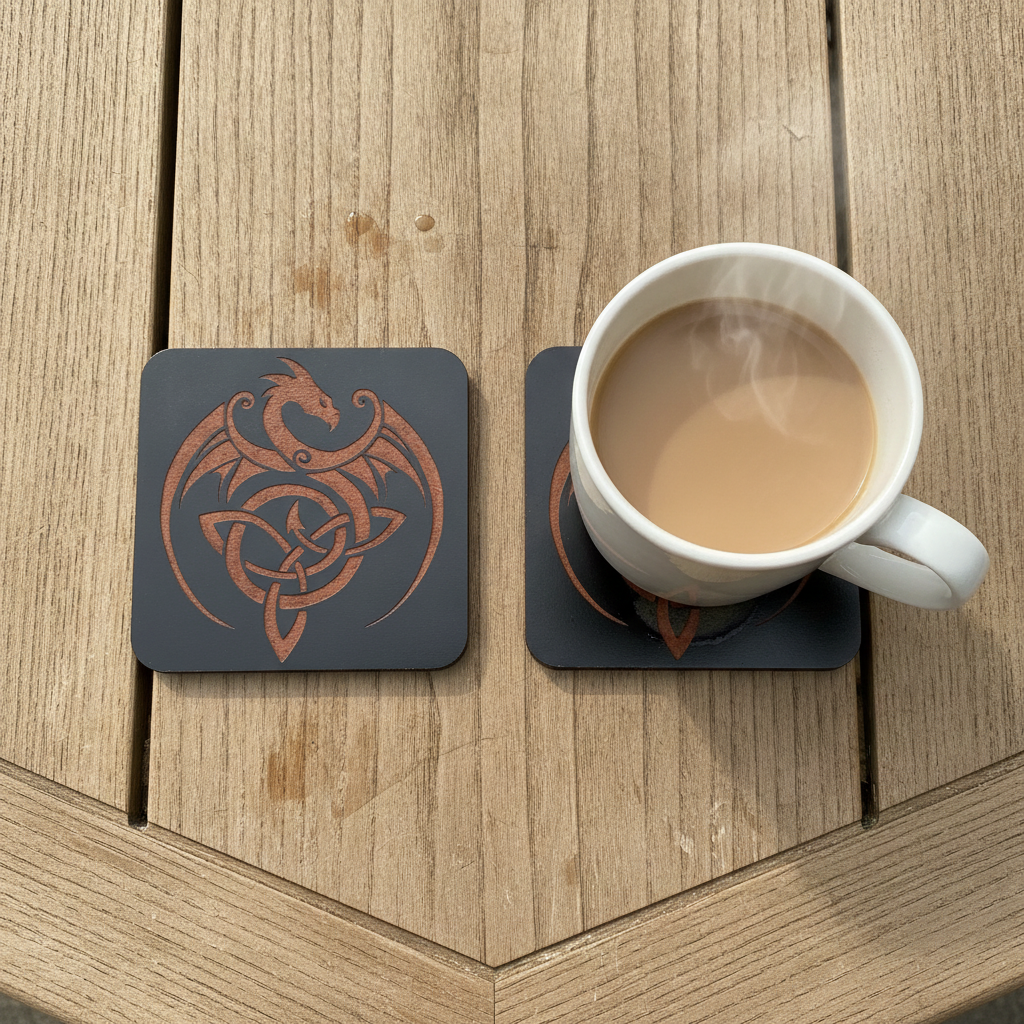 Set of 6 Dragon Wooden Coasters. Highly Decorative and Detailed Engravings, with bumper feet.