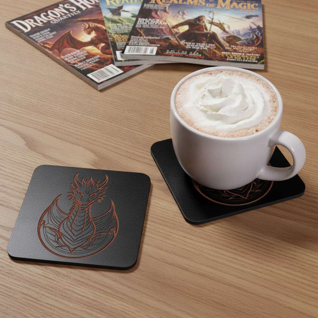 Set of 6 Dragon Wooden Coasters. Highly Decorative and Detailed Engravings, with bumper feet.
