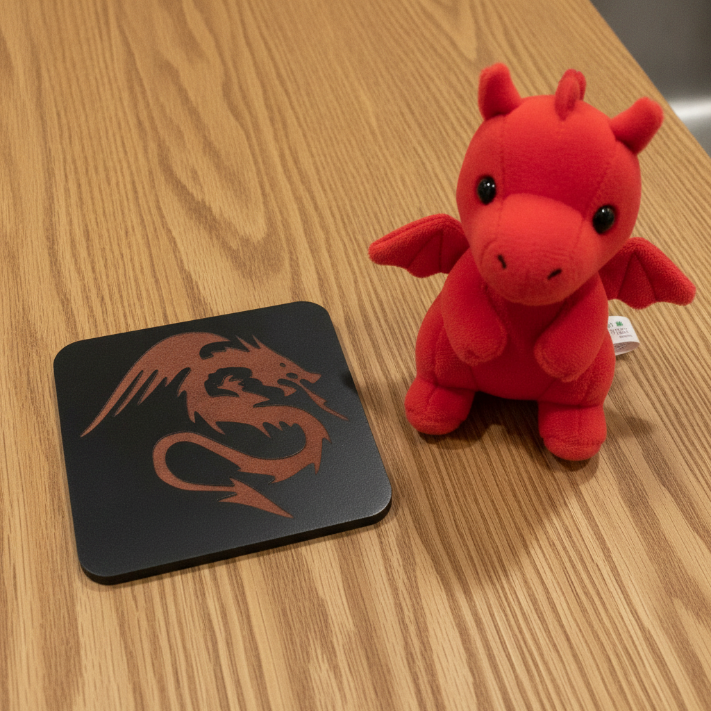 Set of 6 Dragon Wooden Coasters. Highly Decorative and Detailed Engravings, with bumper feet.