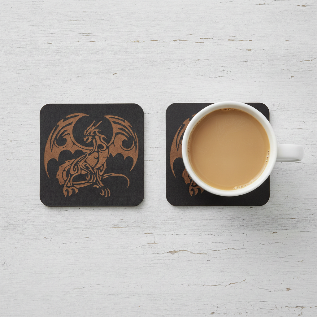 Set of 6 Dragon Wooden Coasters. Highly Decorative and Detailed Engravings, with bumper feet.