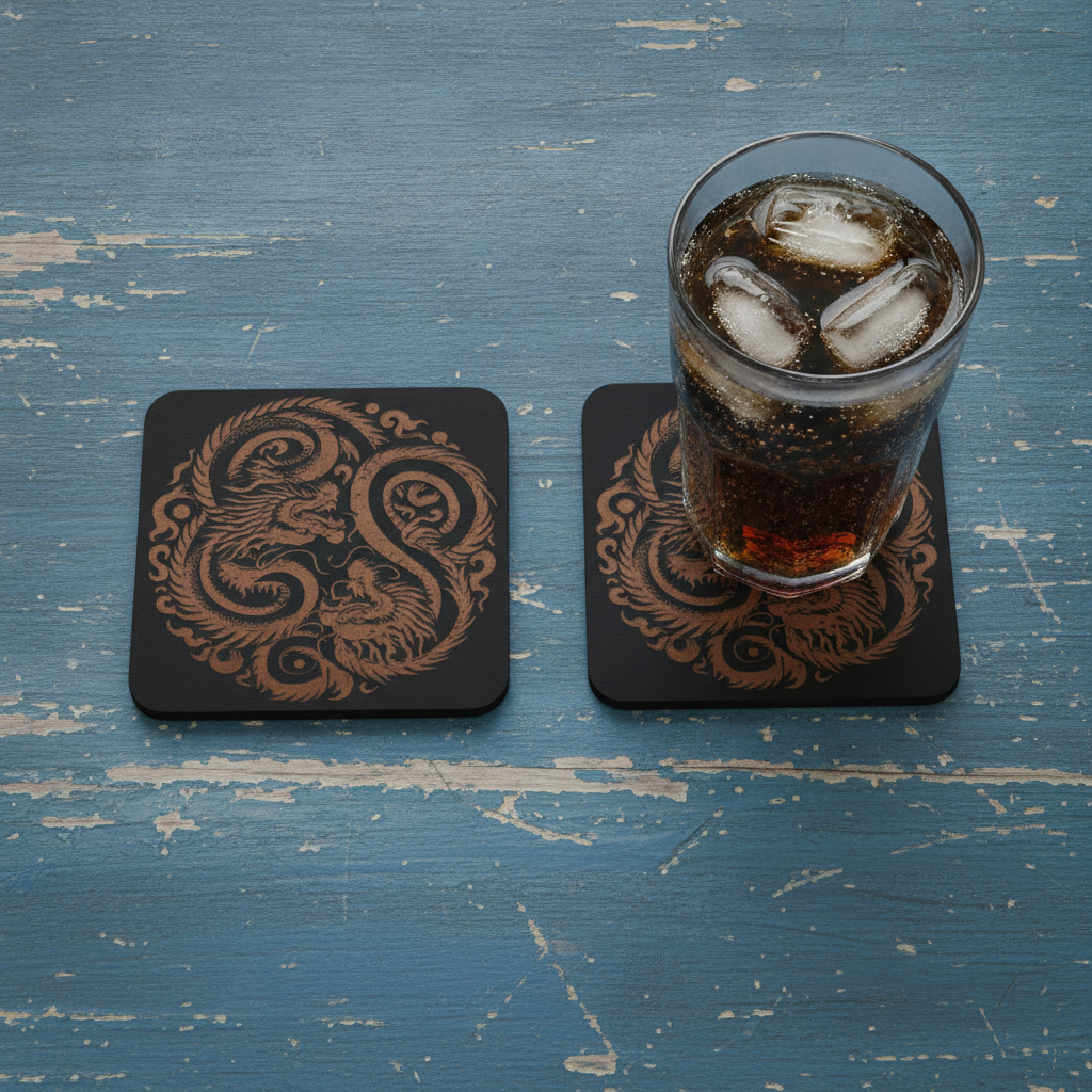 Set of 6 Dragon Wooden Coasters. Highly Decorative and Detailed Engravings, with bumper feet.