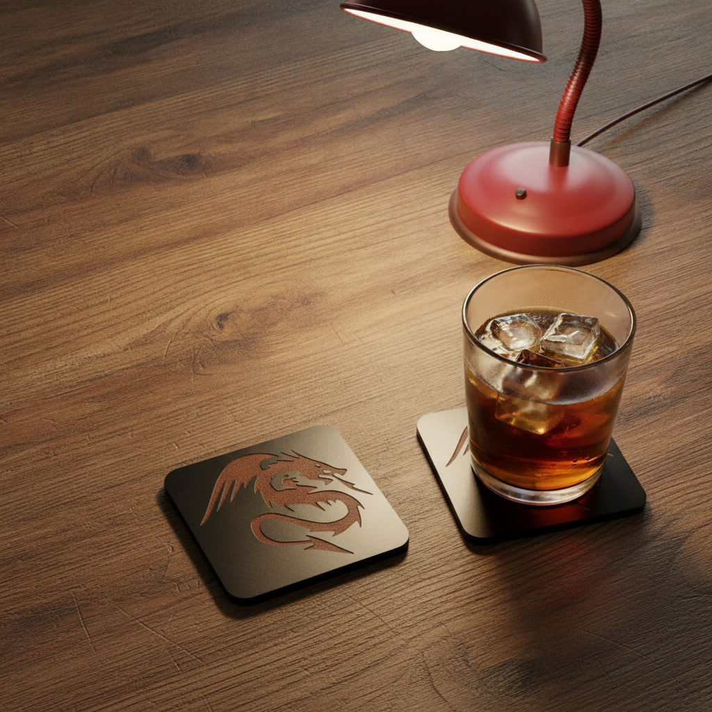 Set of 6 Dragon Wooden Coasters. Highly Decorative and Detailed Engravings, with bumper feet.