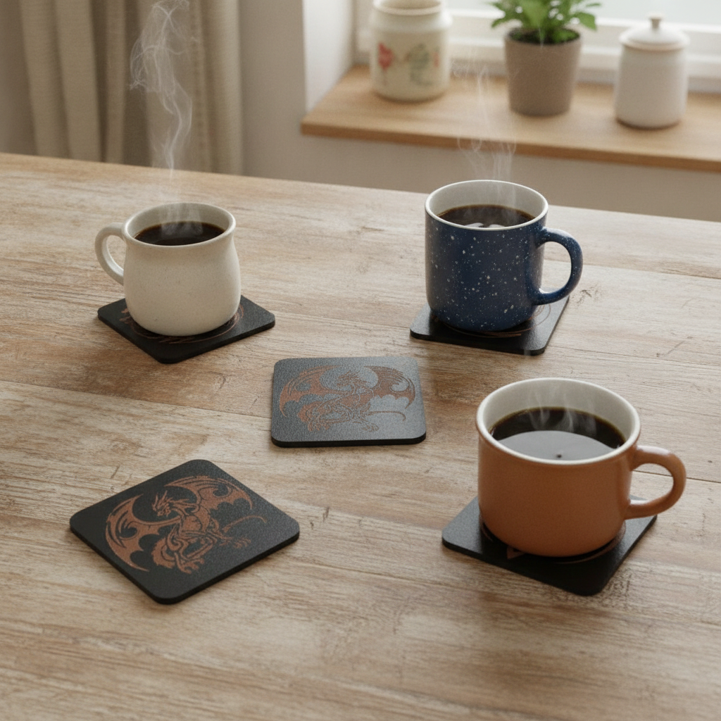 Set of 6 Dragon Wooden Coasters. Highly Decorative and Detailed Engravings, with bumper feet.