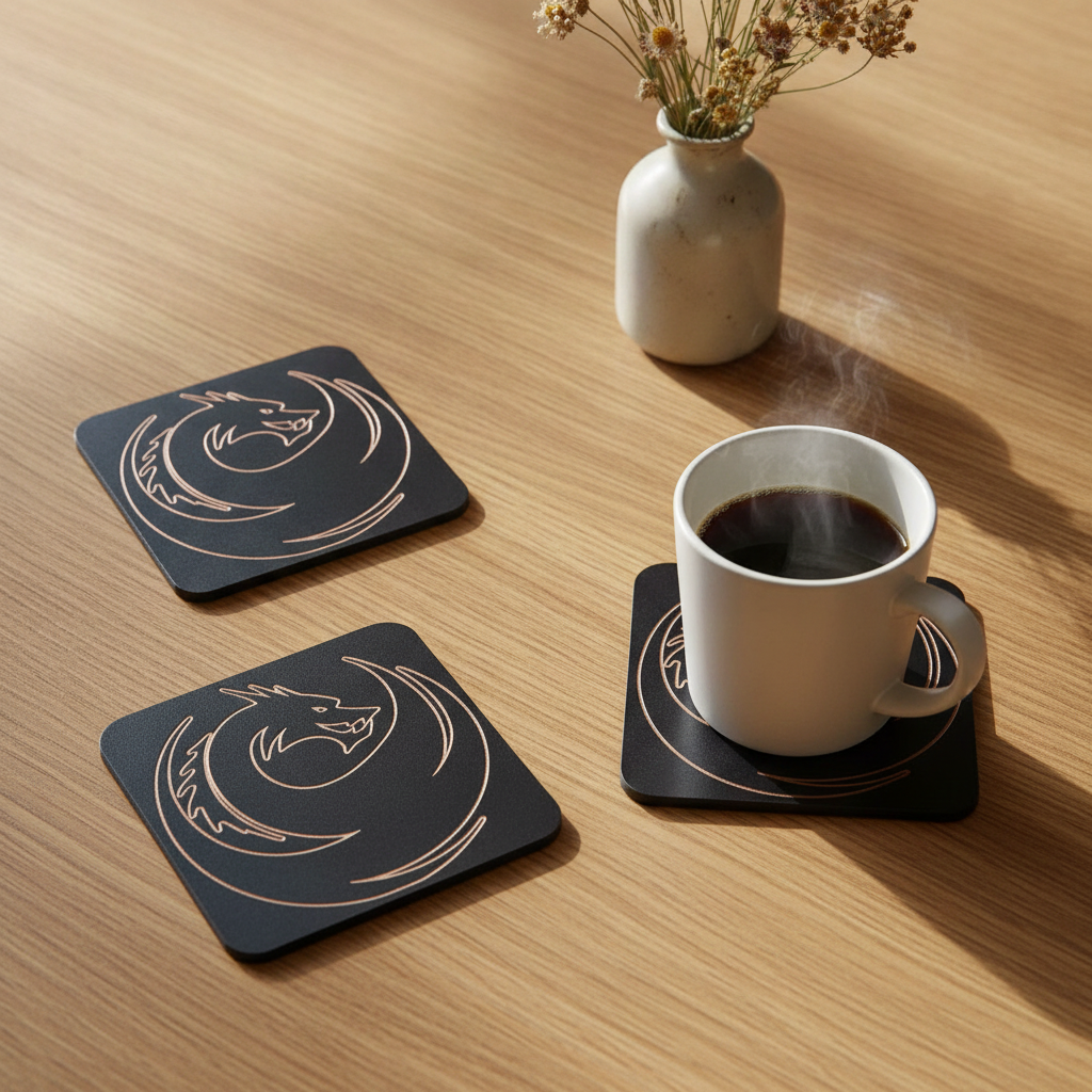 Set of 6 Dragon Wooden Coasters. Highly Decorative and Detailed Engravings, with bumper feet.