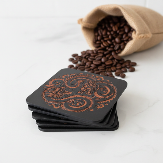 Set of 6 Dragon Wooden Coasters. Highly Decorative and Detailed Engravings, with bumper feet.