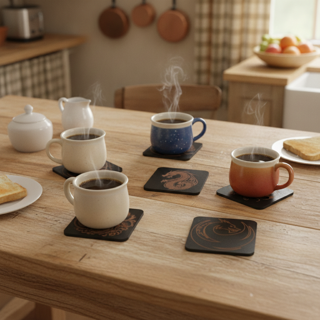 Set of 6 Dragon Wooden Coasters. Highly Decorative and Detailed Engravings, with bumper feet.