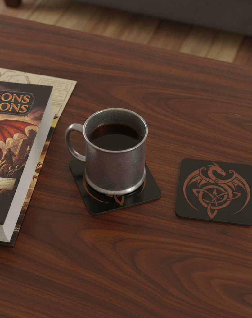 Set of 6 Dragon Wooden Coasters. Highly Decorative and Detailed Engravings, with bumper feet.