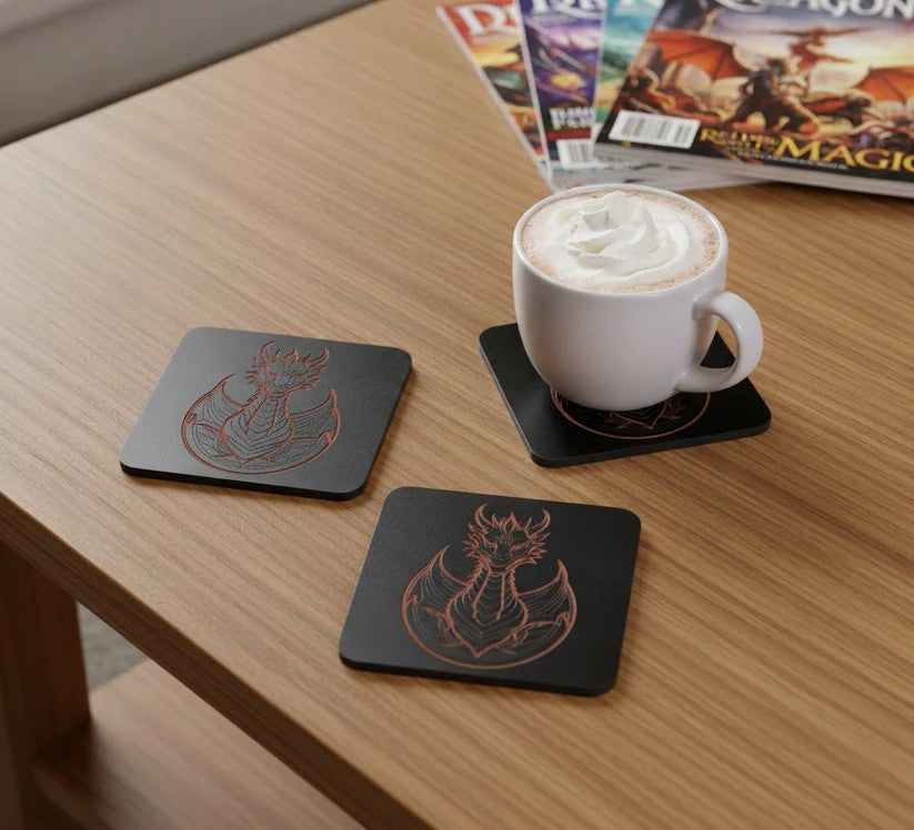 Set of 6 Dragon Wooden Coasters. Highly Decorative and Detailed Engravings, with bumper feet.