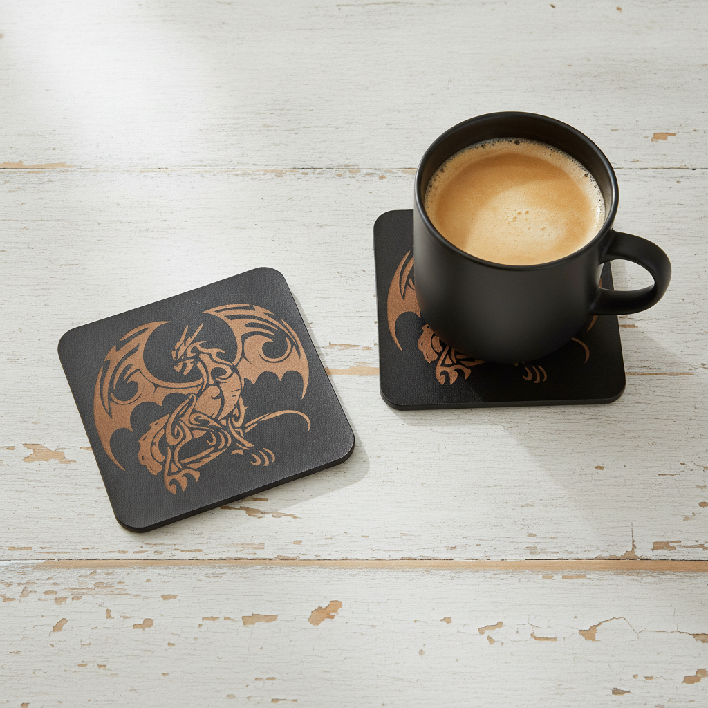 Set of 6 Dragon Wooden Coasters. Highly Decorative and Detailed Engravings, with bumper feet.