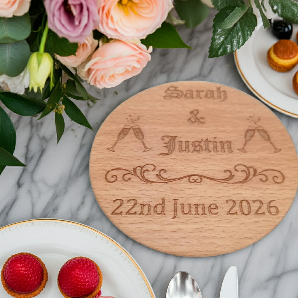 Set of 6 Drink Coasters Wedding / Engagement's / Celebrations / Anniversaries.  Any Font. Personalise Your Own Coasters. Quality Steamed Beech. With Bumper Feet.