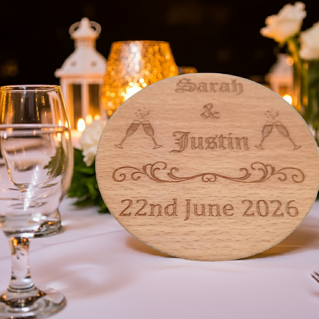 Set of 6 Drink Coasters Wedding / Engagement's / Celebrations / Anniversaries.  Any Font. Personalise Your Own Coasters. Quality Steamed Beech. With Bumper Feet.