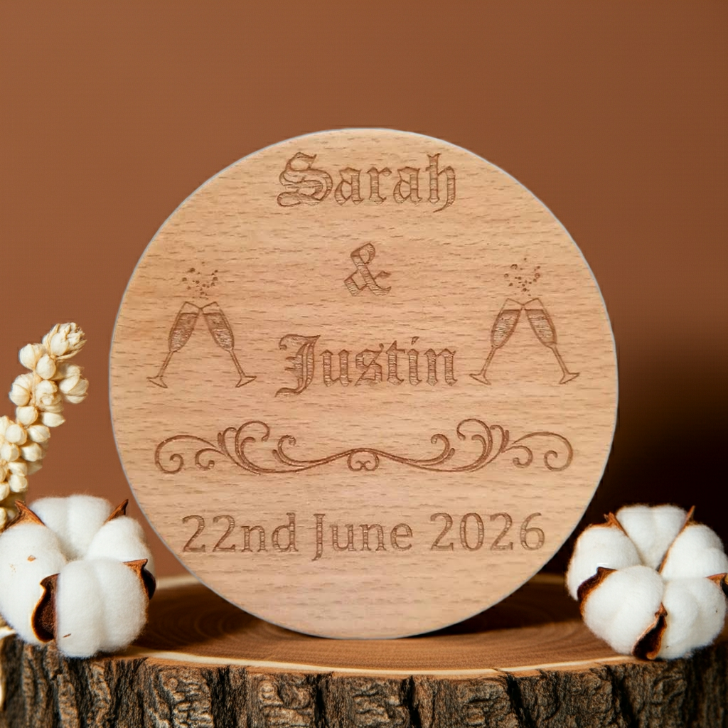Set of 6 Drink Coasters Wedding / Engagement's / Celebrations / Anniversaries.  Any Font. Personalise Your Own Coasters. Quality Steamed Beech. With Bumper Feet.
