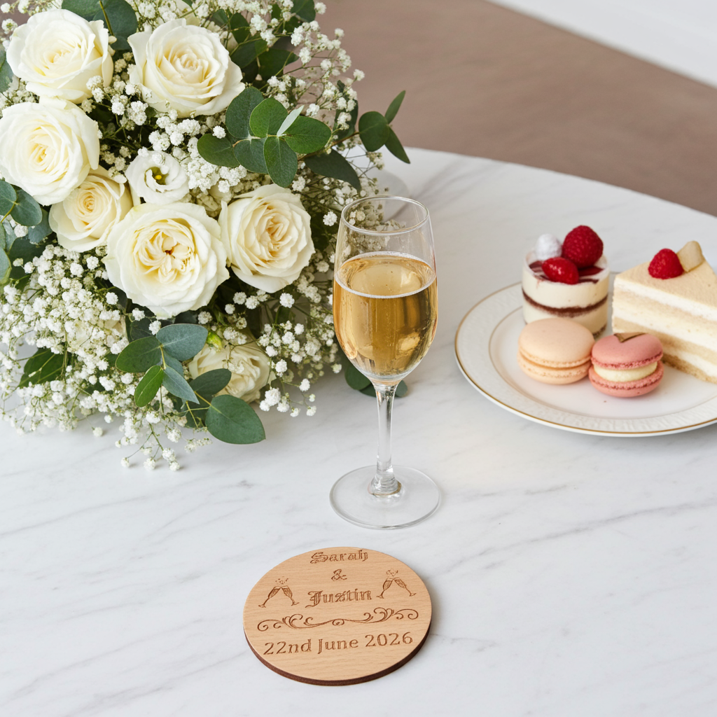 Set of 6 Drink Coasters Wedding / Engagement's / Celebrations / Anniversaries.  Any Font. Personalise Your Own Coasters. Quality Steamed Beech. With Bumper Feet.