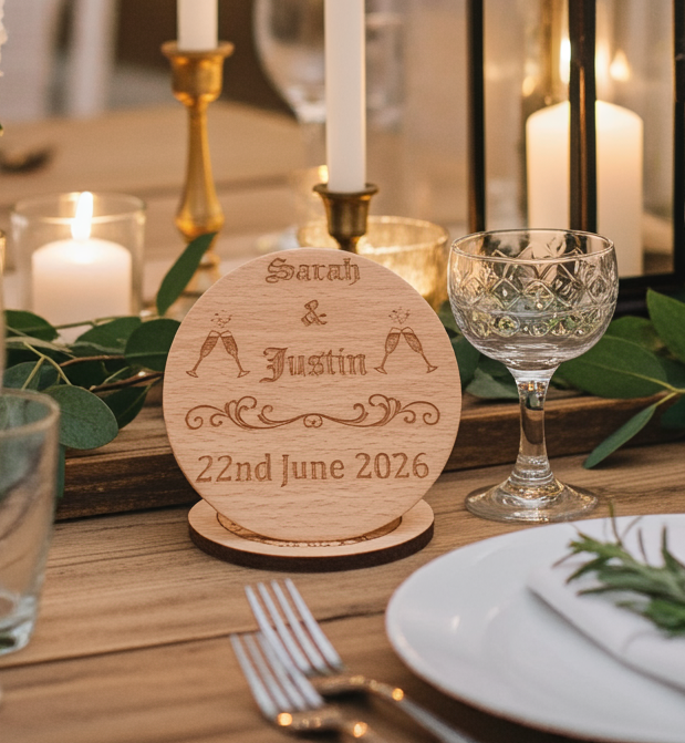 Set of 6 Drink Coasters Wedding / Engagement's / Celebrations / Anniversaries.  Any Font. Personalise Your Own Coasters. Quality Steamed Beech. With Bumper Feet.