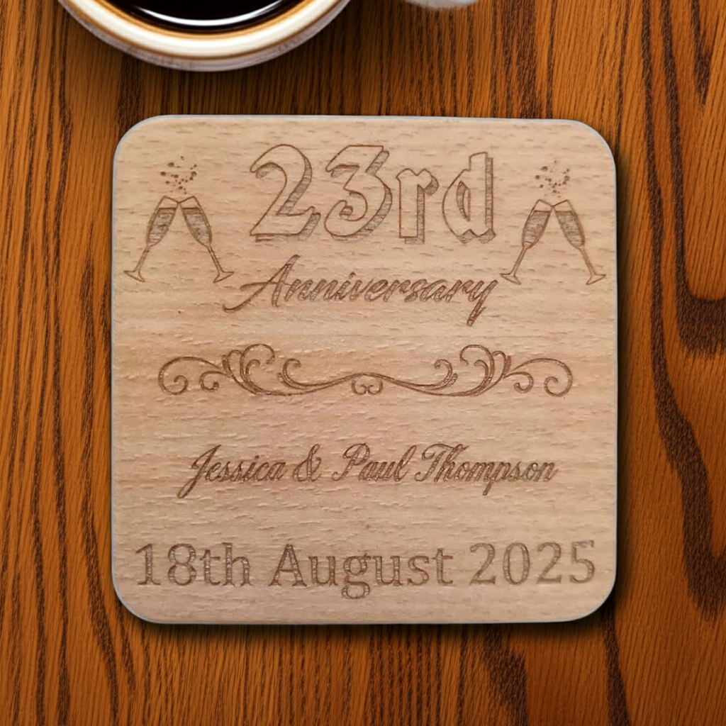 Set of 6 Personalise Your Own Drink Coasters. Anniversary. Steamed Beech Wood. Any Font