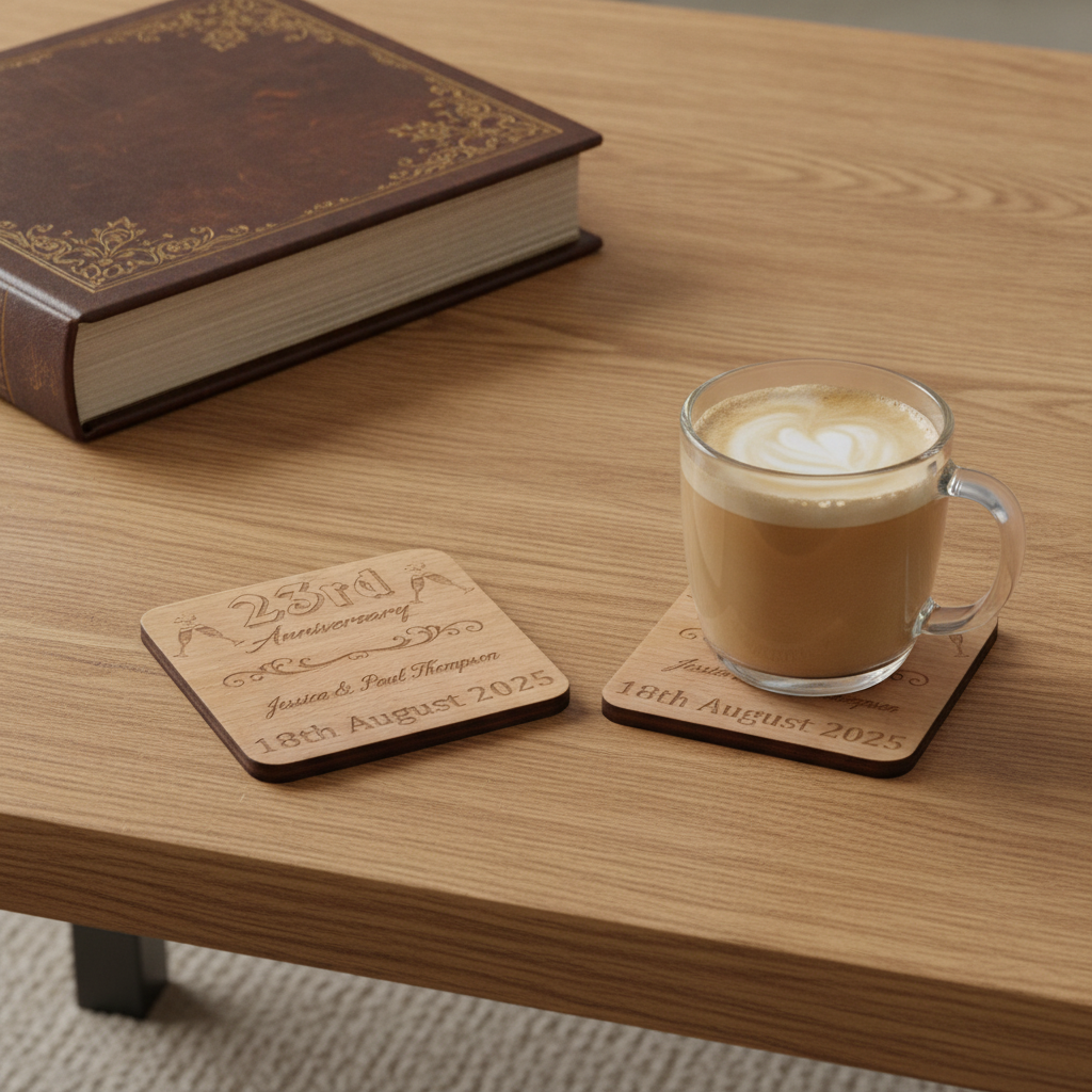 Set of 6  Bespoke -Personalise Your Own Drink Coasters. Anniversary. Steamed Beech Wood. Any Font