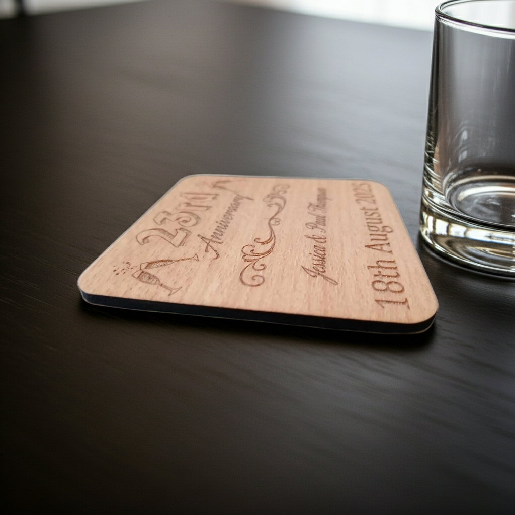 Set of 6 Personalise Your Own Drink Coasters. Anniversary. Steamed Beech Wood. Any Font