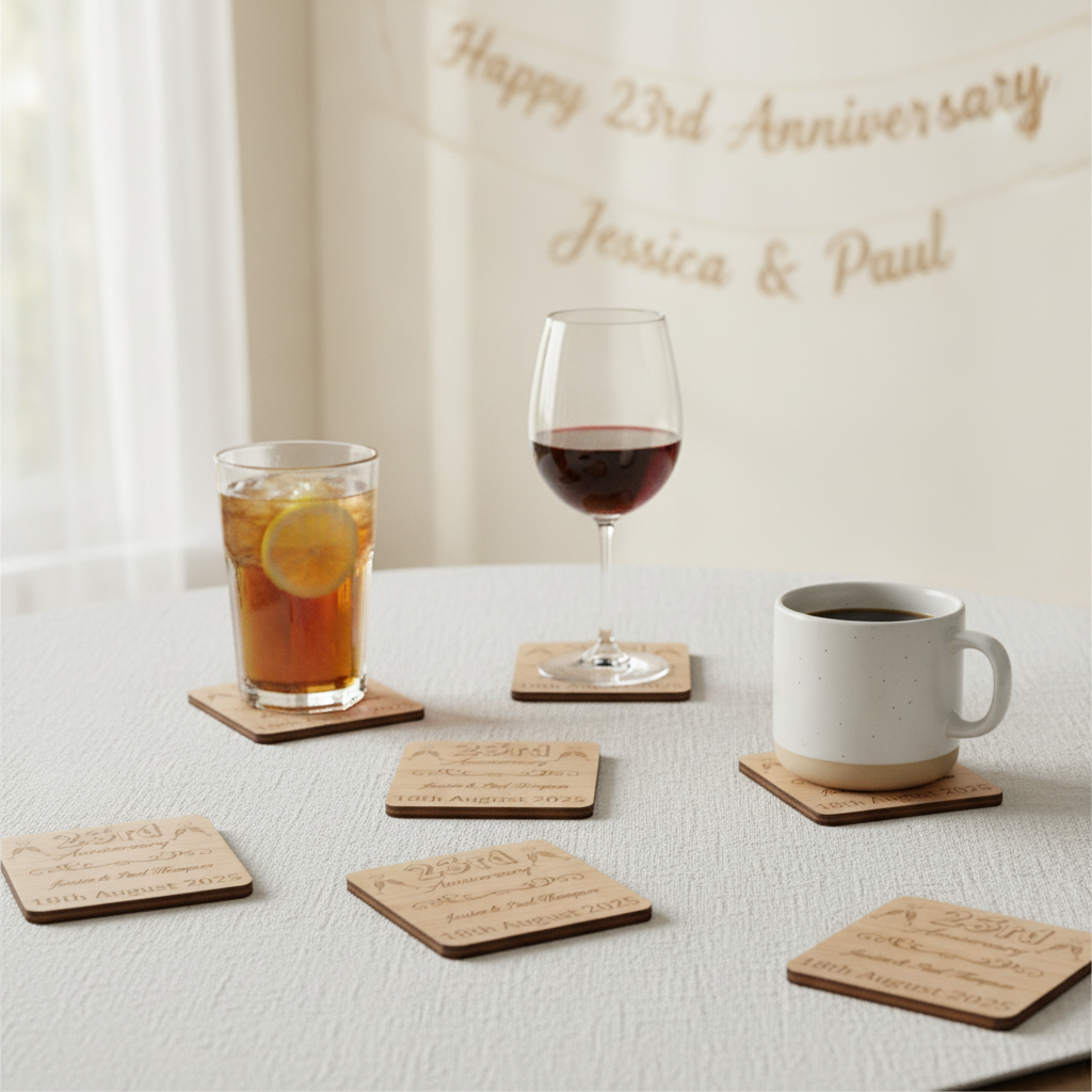 Set of 6  Bespoke -Personalise Your Own Drink Coasters. Anniversary. Steamed Beech Wood. Any Font
