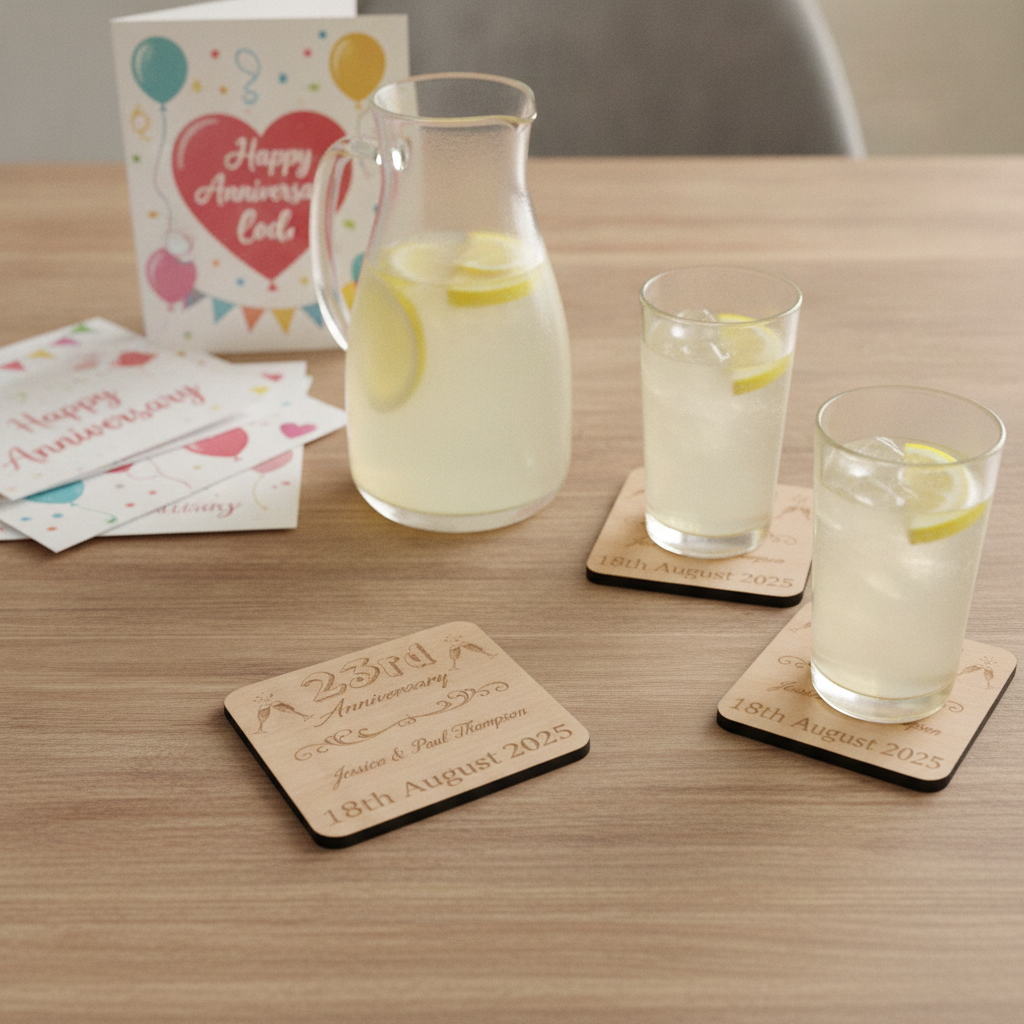 Set of 6  Bespoke -Personalise Your Own Drink Coasters. Anniversary. Steamed Beech Wood. Any Font