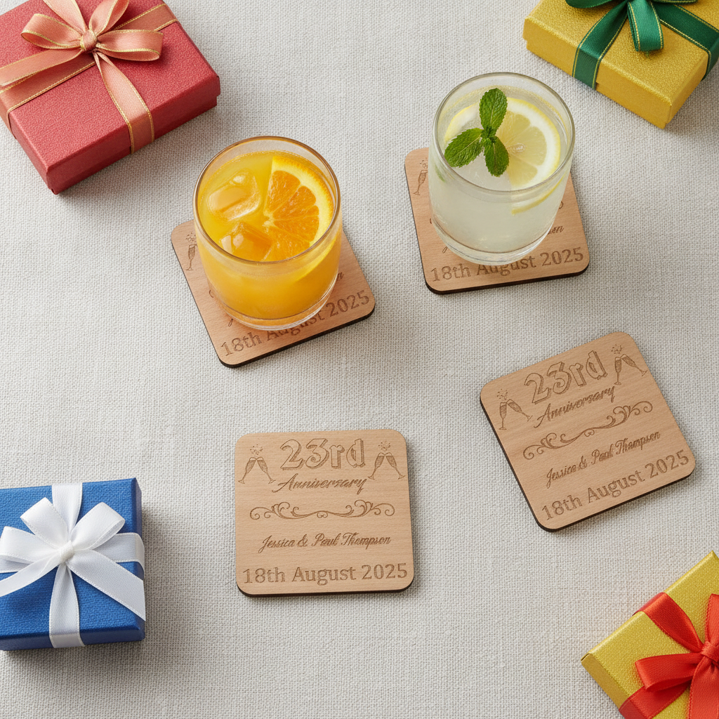Set of 6  Bespoke -Personalise Your Own Drink Coasters. Anniversary. Steamed Beech Wood. Any Font