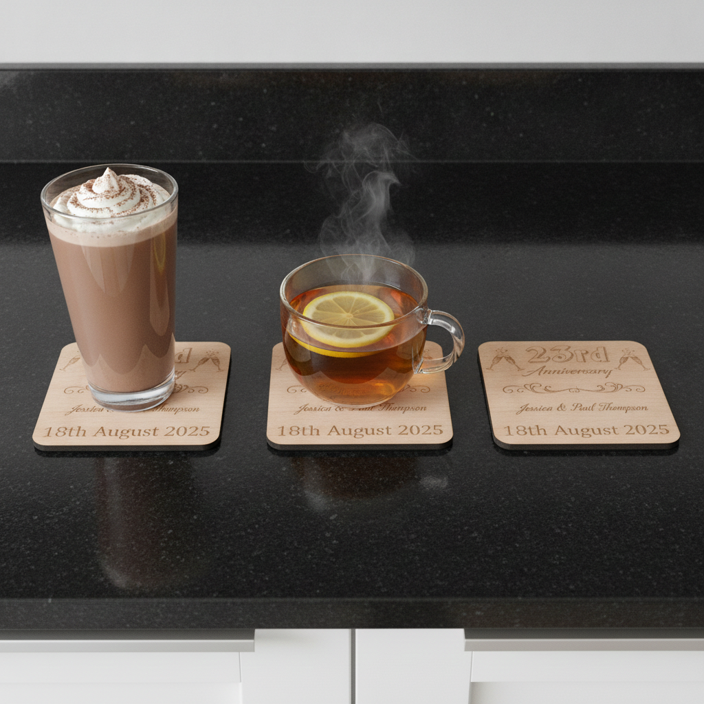 Set of 6  Bespoke -Personalise Your Own Drink Coasters. Anniversary. Steamed Beech Wood. Any Font
