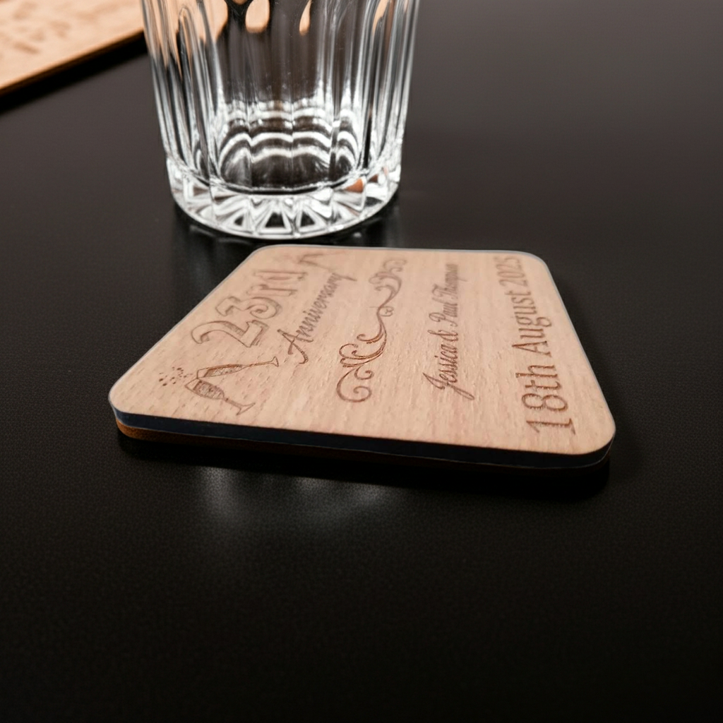 Set of 6 Personalise Your Own Drink Coasters. Anniversary. Steamed Beech Wood. Any Font