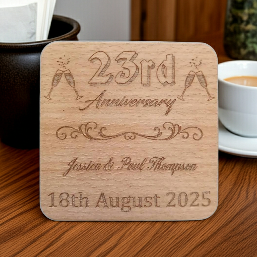 Set of 6 Personalise Your Own Drink Coasters. Anniversary. Steamed Beech Wood. Any Font