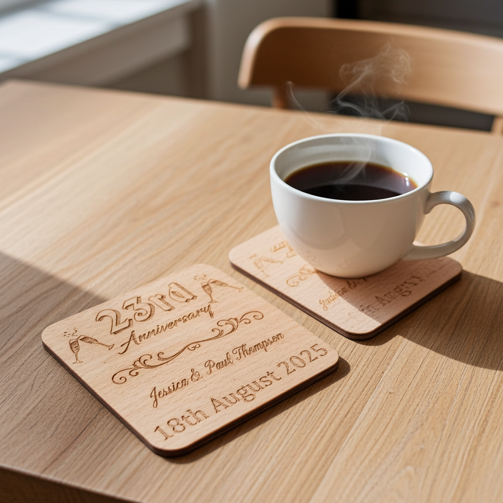 Set of 6 Personalise Your Own Drink Coasters. Anniversary. Steamed Beech Wood. Any Font