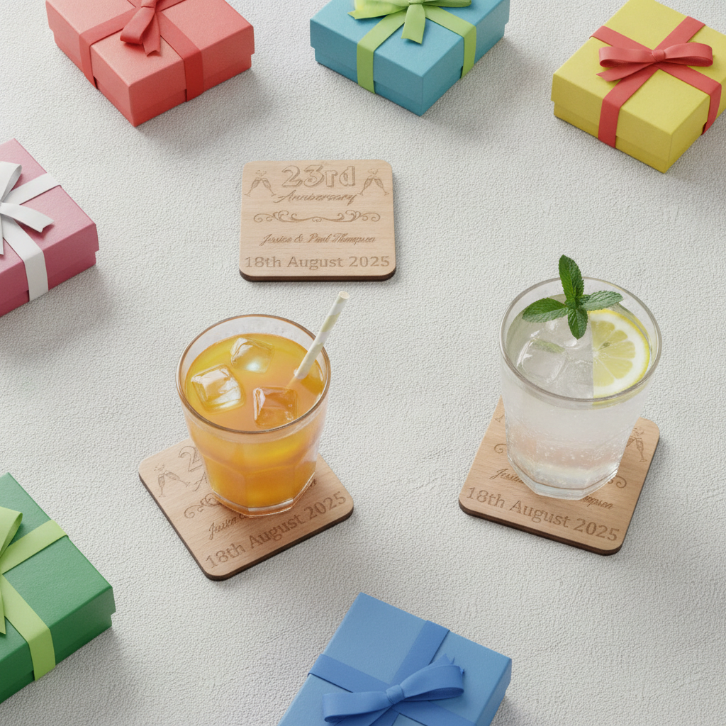 Set of 6  Bespoke -Personalise Your Own Drink Coasters. Anniversary. Steamed Beech Wood. Any Font