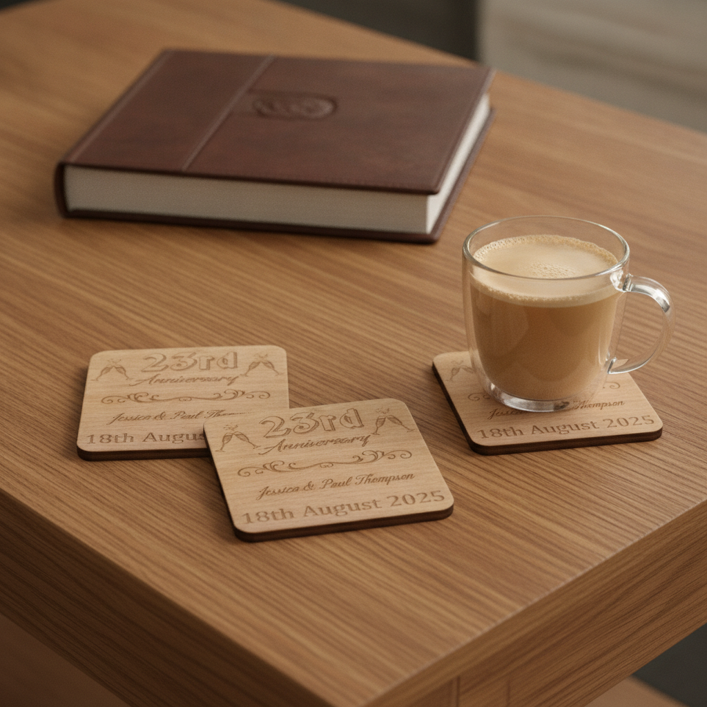 Set of 6  Bespoke -Personalise Your Own Drink Coasters. Anniversary. Steamed Beech Wood. Any Font