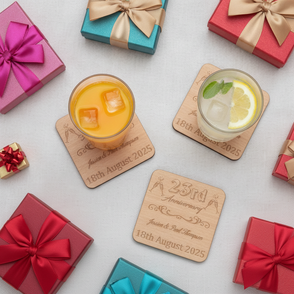 Set of 6  Bespoke -Personalise Your Own Drink Coasters. Anniversary. Steamed Beech Wood. Any Font