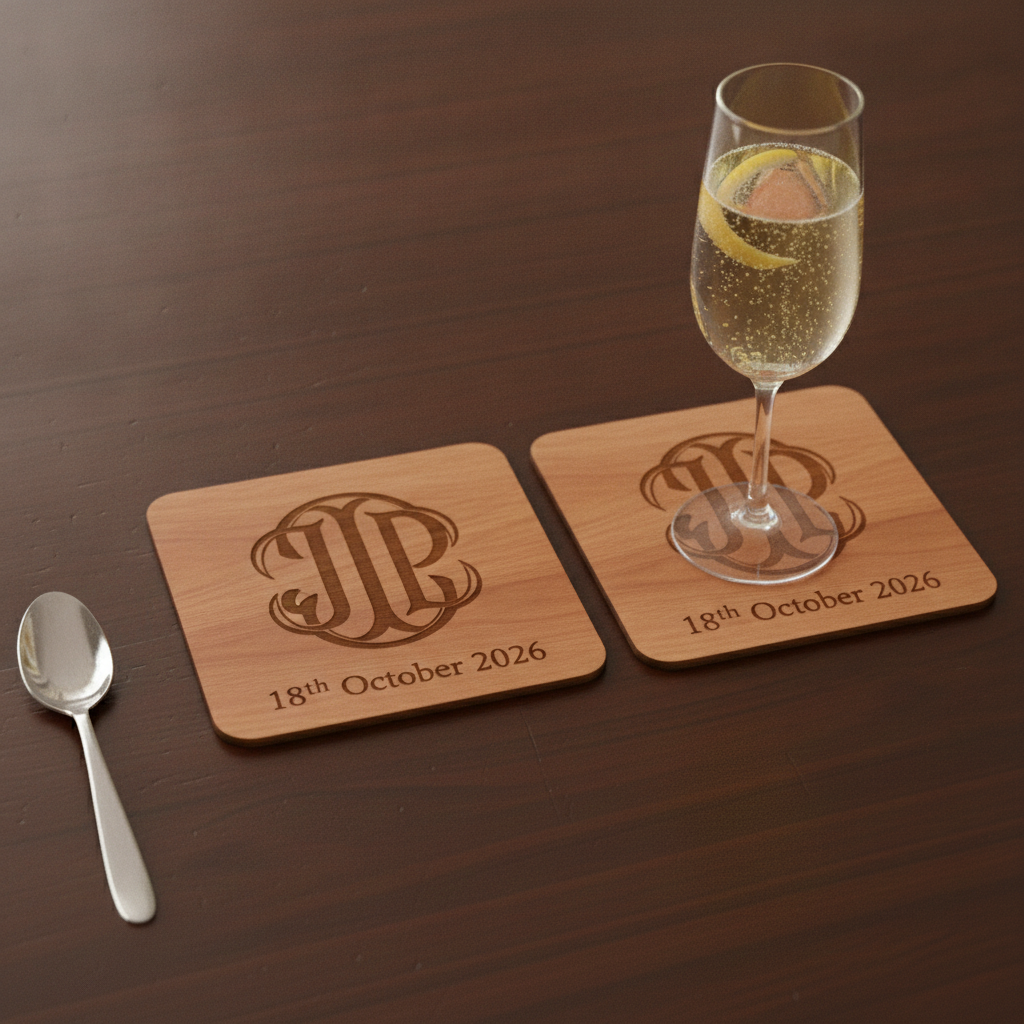 Set of 6 Personalise Your Own Drink Coasters. Steamed Beech Wood. Any Font. With Bumper Feet.