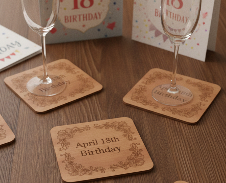 Set of 6 Personalise Your Own Drink Coasters. Steamed Beech Wood. Any Font. With Bumper Feet.