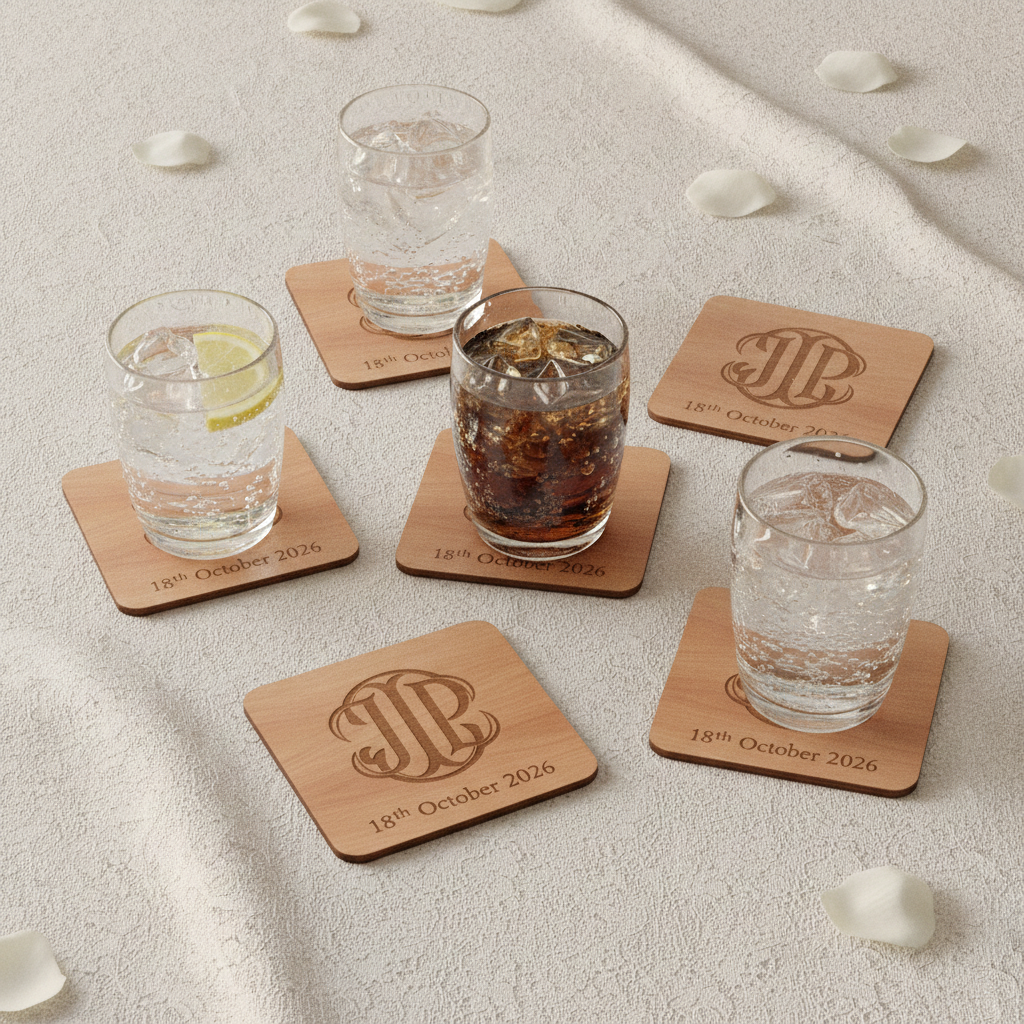 Set of 6 Personalise Your Own Drink Coasters. Steamed Beech Wood. Any Font. With Bumper Feet.
