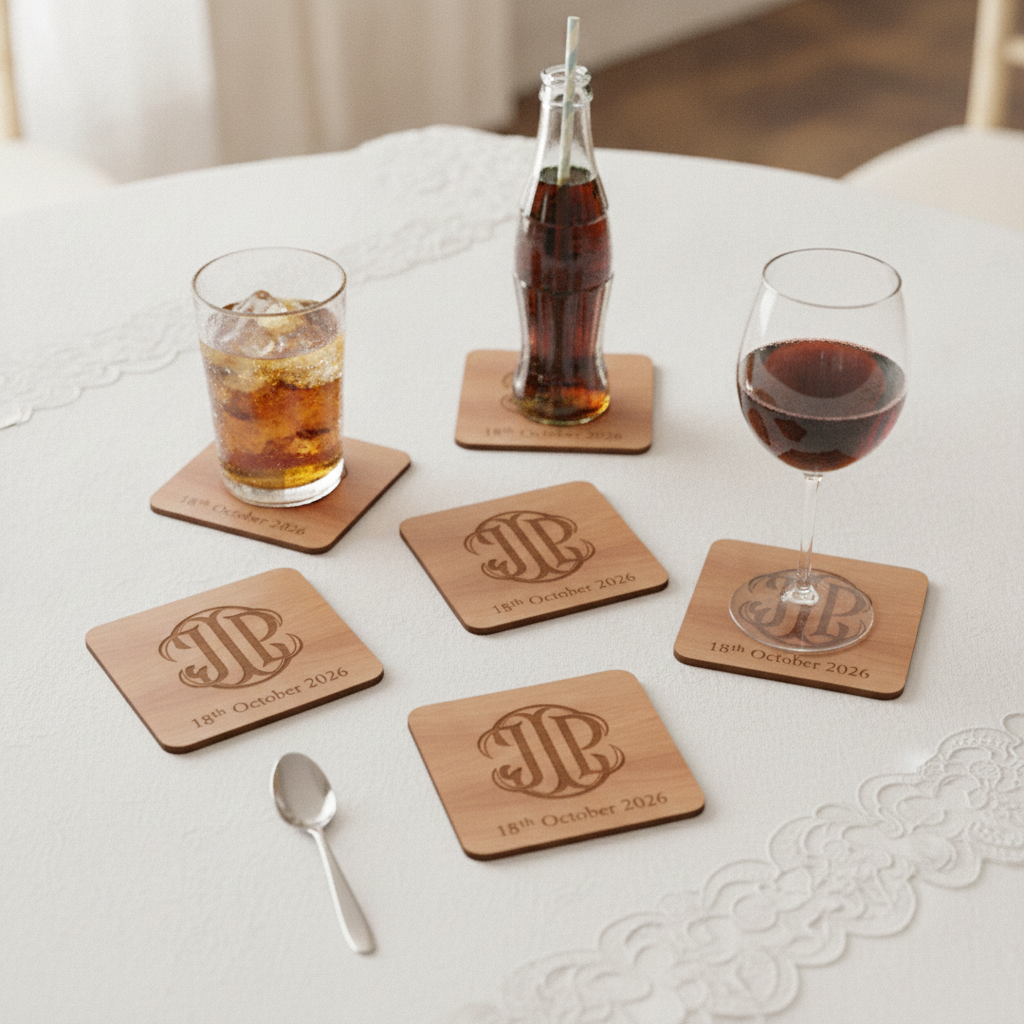 Set of 6 Personalise Your Own Drink Coasters. Steamed Beech Wood. Any Font. With Bumper Feet.