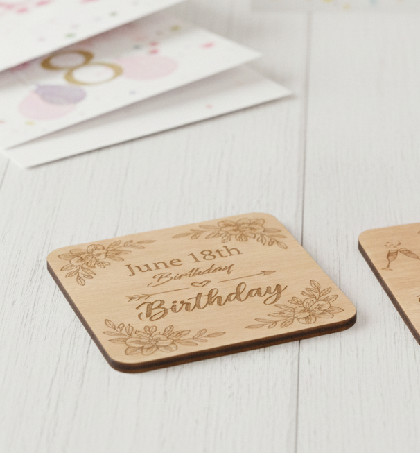 Set of 6 Personalise Your Own Drink Coasters. Steamed Beech Wood. Any Font. With Bumper Feet.