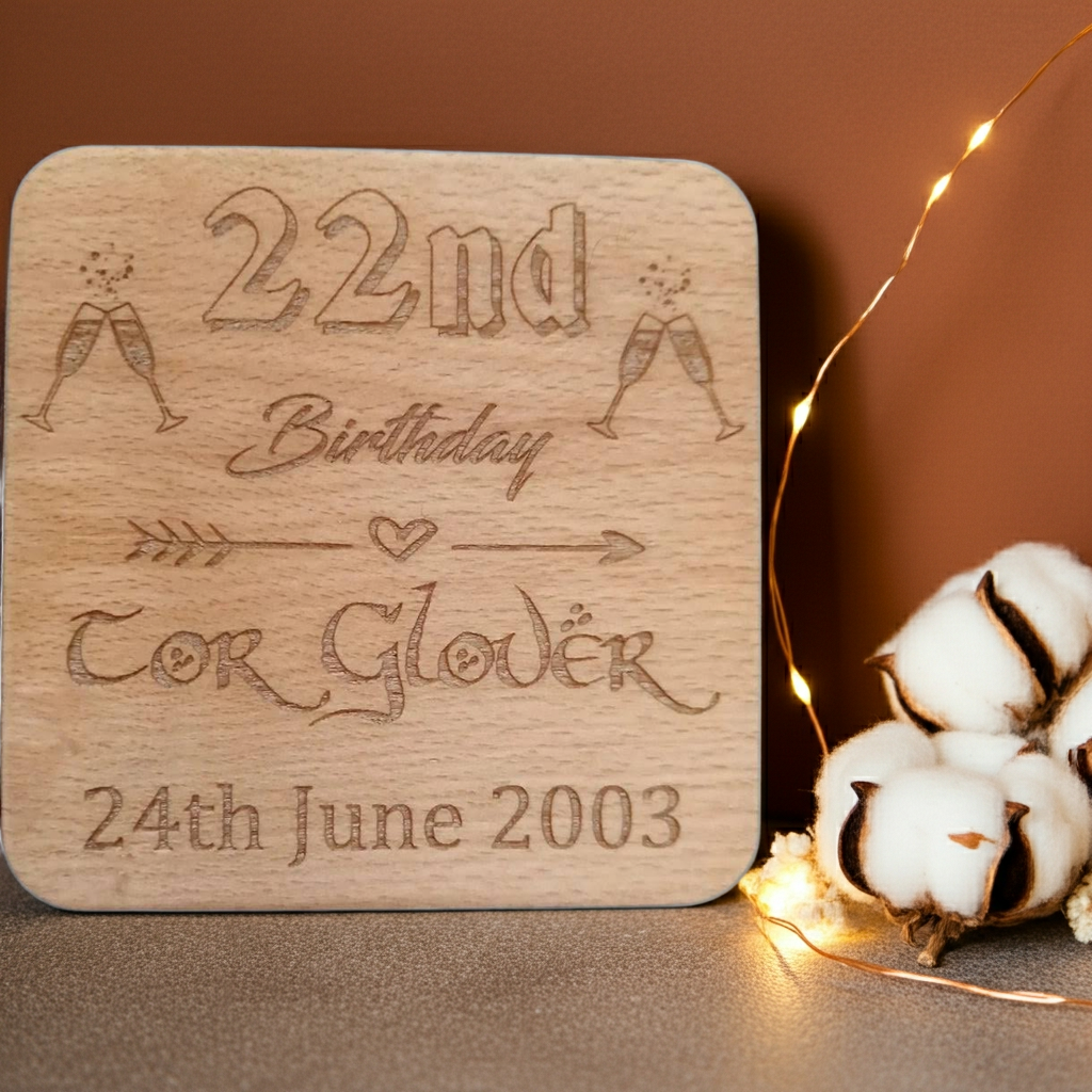 Set of 6 Personalise Your Own, Birthday, Drink Coasters. Steamed Beech Wood. Any Font. With Bumper Feet.