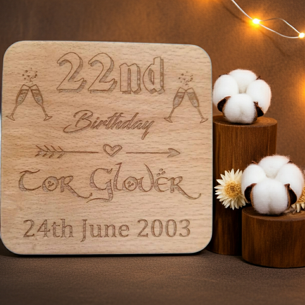 Set of 6 Personalise Your Own, Birthday, Drink Coasters. Steamed Beech Wood. Any Font. With Bumper Feet.
