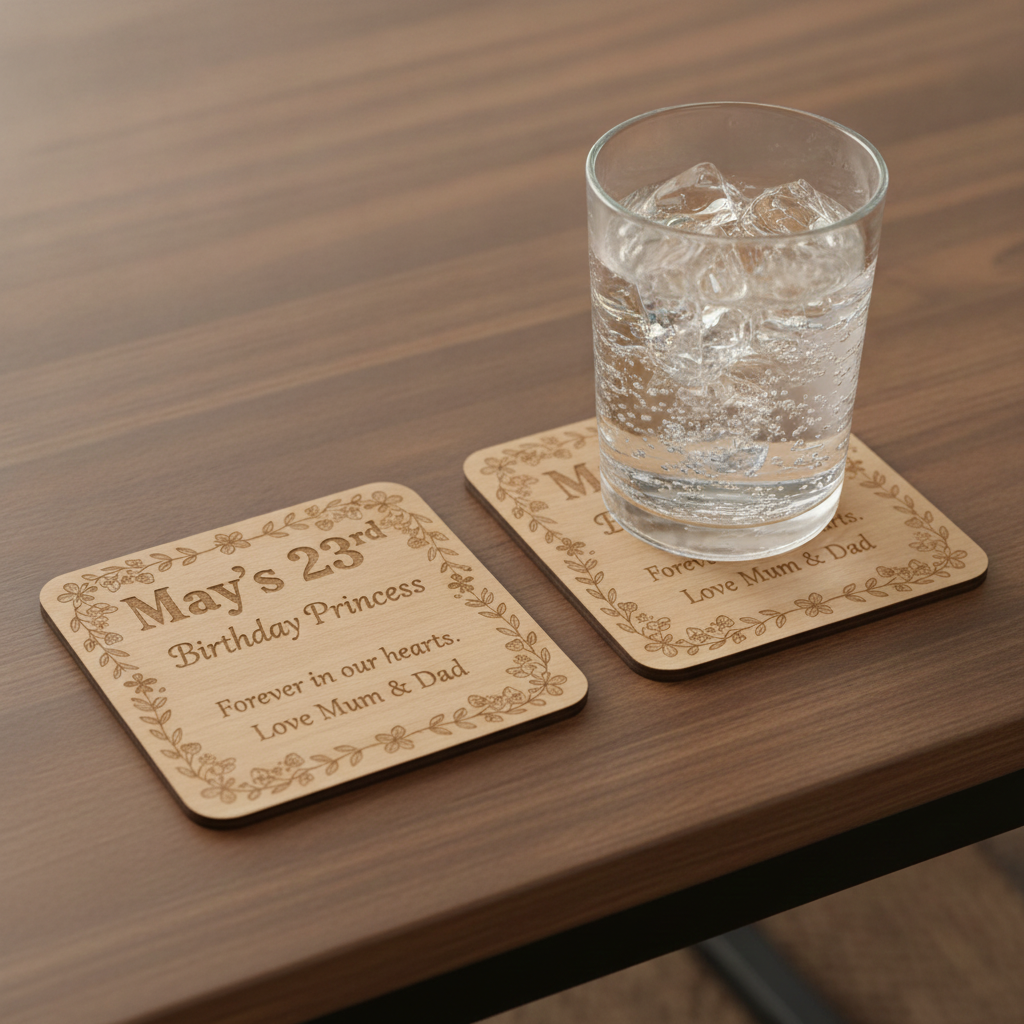 Set of 6 Personalise Your Own Drink Coasters. Steamed Beech Wood. Any Font. With Bumper Feet.