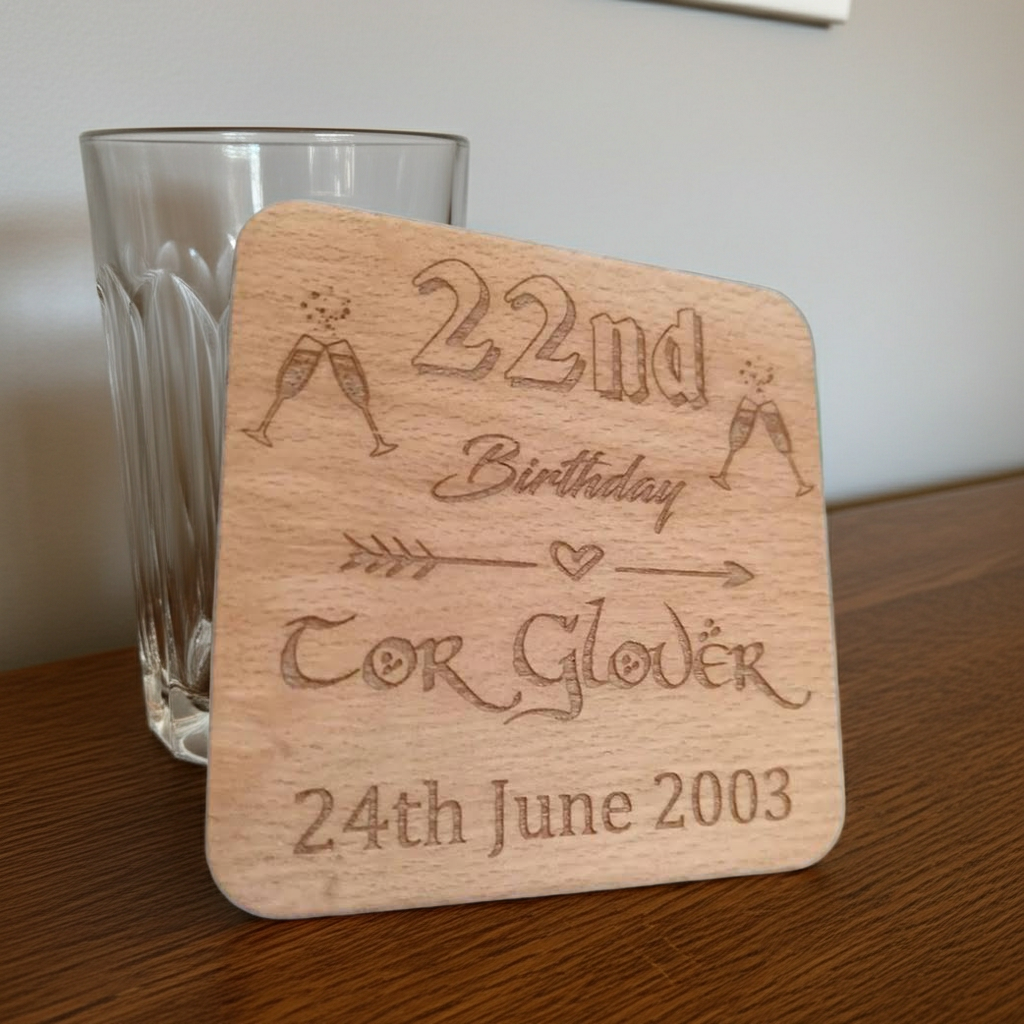 Set of 6 Personalise Your Own, Birthday, Drink Coasters. Steamed Beech Wood. Any Font. With Bumper Feet.