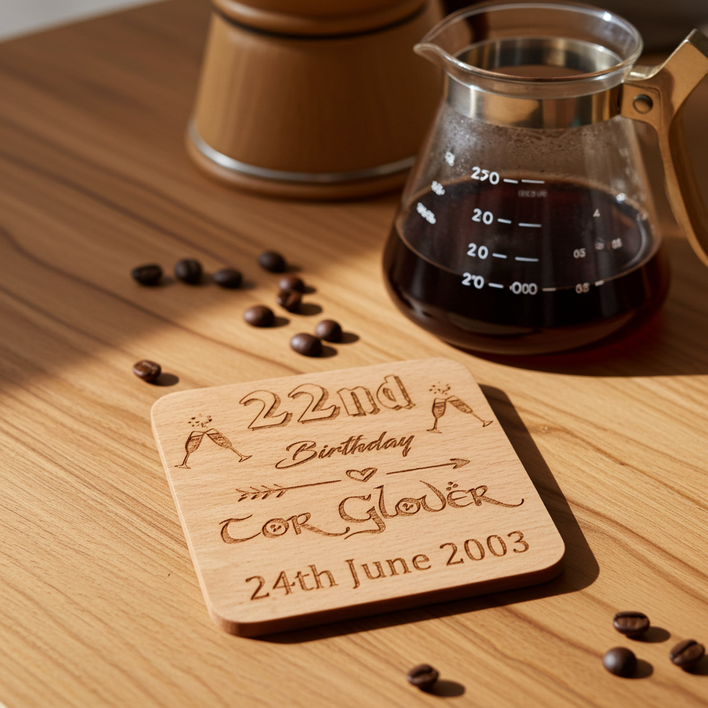 Set of 6 Personalise Your Own, Birthday, Drink Coasters. Steamed Beech Wood. Any Font. With Bumper Feet.