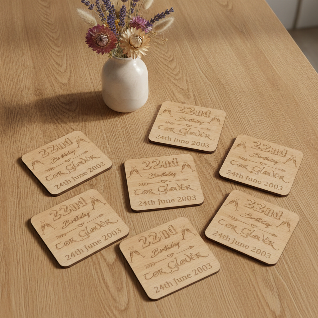 Set of 6 Personalise Your Own Drink Coasters. Steamed Beech Wood. Any Font. With Bumper Feet.