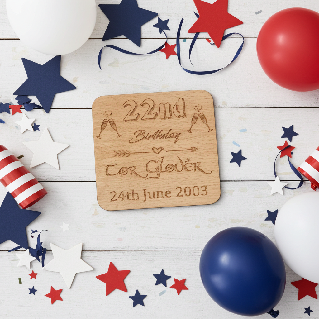 Set of 6 Personalise Your Own, Birthday, Drink Coasters. Steamed Beech Wood. Any Font. With Bumper Feet.