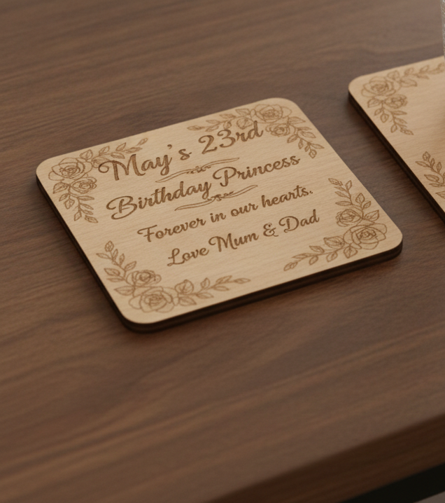 Set of 6 Personalise Your Own Drink Coasters. Steamed Beech Wood. Any Font. With Bumper Feet.
